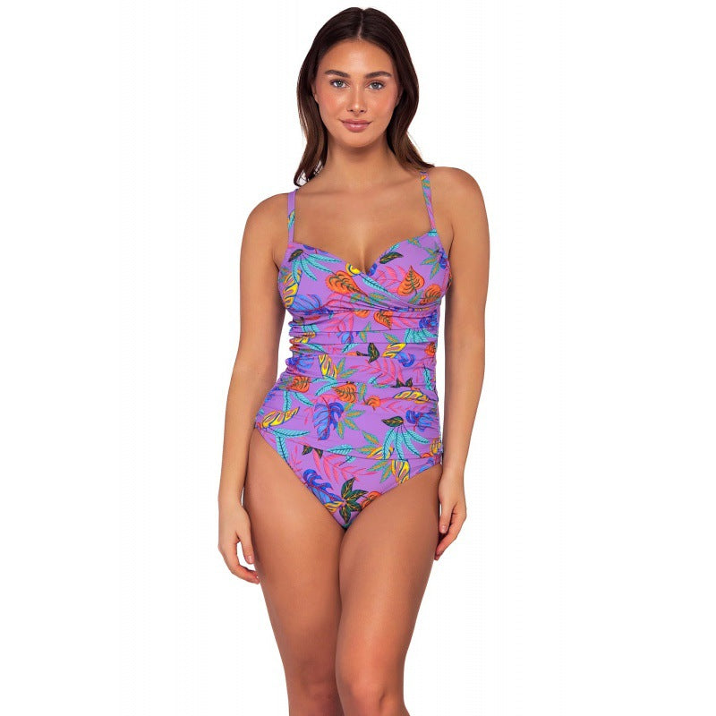 Damen Einteiliger Badeanzug mit floralem Wickeldesign und verstellbaren Trägern R&B