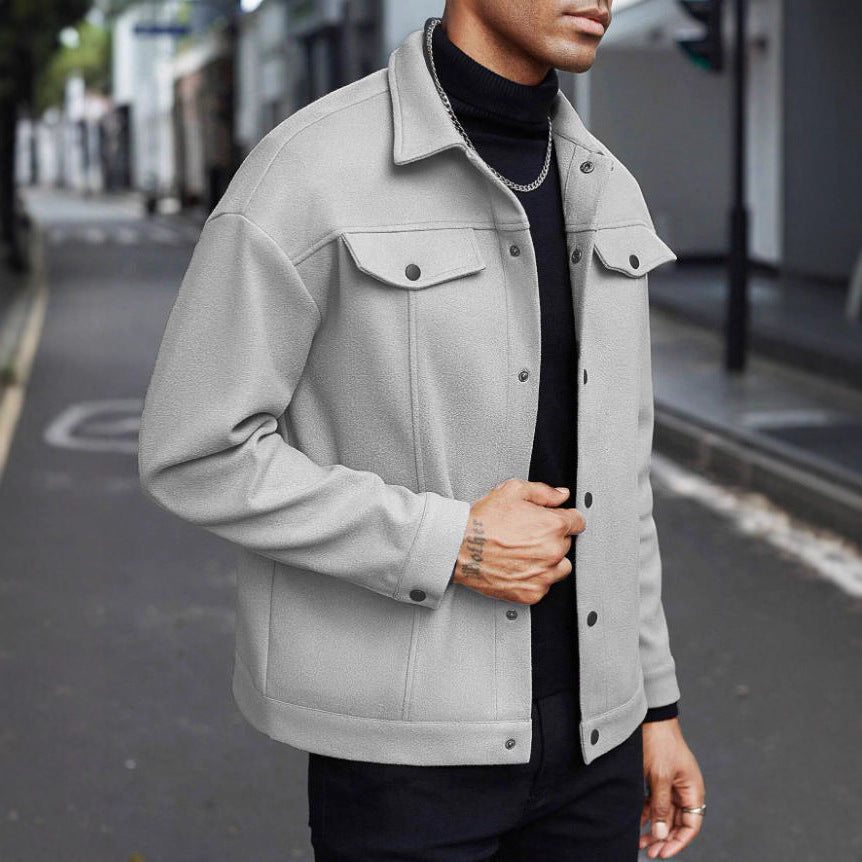 Herren nan Wolloptik-Overshirt Jacke im Shacket-Stil mit Brustklappen und Druckknopfleiste R&B