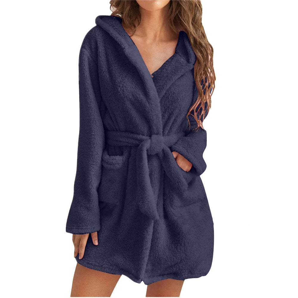 Damen Fleece Bademantel mit Kapuze und Gürtel R&B