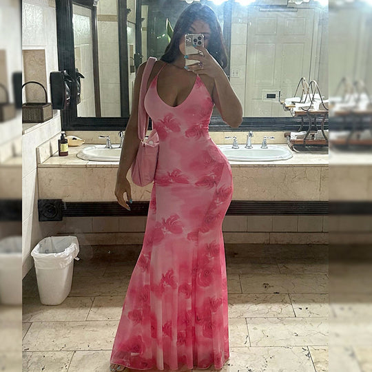 Damen Maxikleid mit tiefem V-Ausschnitt und floralen Akzenten R&B