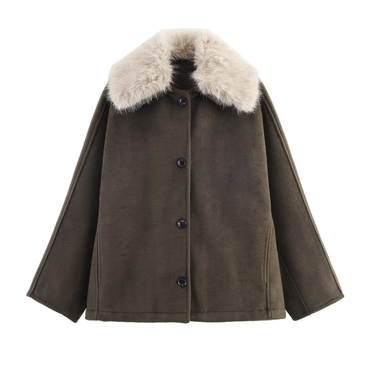 Damen eleganter Oversized-Mantel mit abnehmbarem Kunstfellkragen R&B