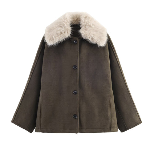 Damen eleganter Oversized-Mantel mit abnehmbarem Kunstfellkragen R&B