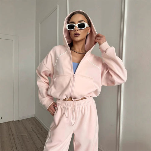 Damen sportlicher Kapuzenjacken- und Jogginghosen-Set mit modernem Design und praktischen Taschen R&B