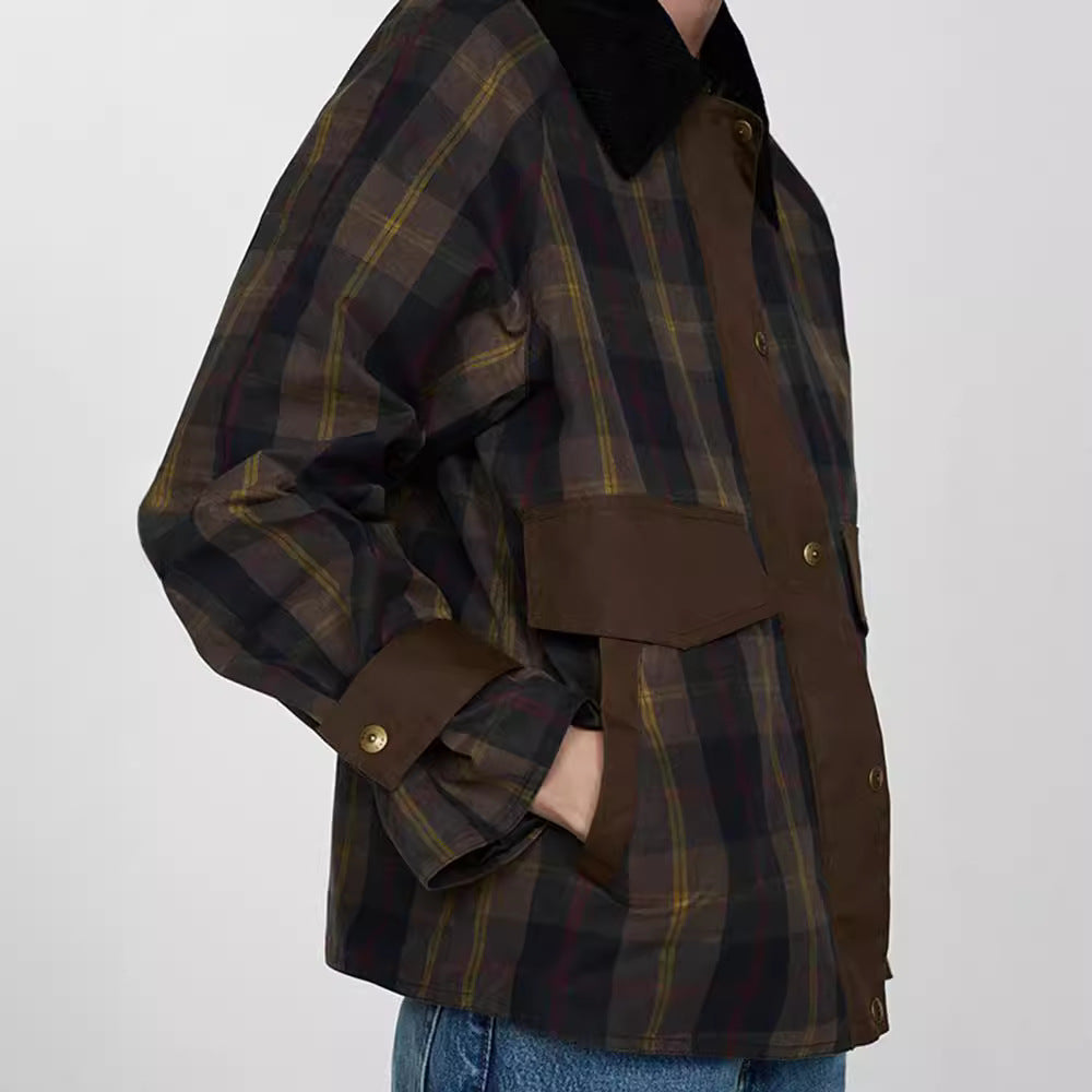 Damen Karierte Jacke mit weichem Cordkragen R&B