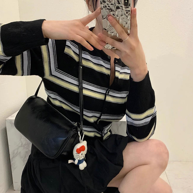 Damen sportliche Strickjacke mit modischem Streifenmuster und verspielten Knöpfen R&B