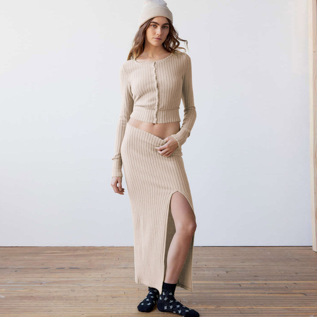 Damen Strickset mit Knopfleiste und hohem Schlitz R&B