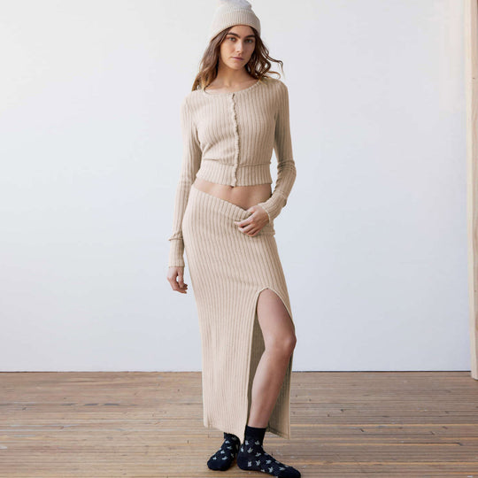 Damen Strickset mit Knopfleiste und hohem Schlitz R&B