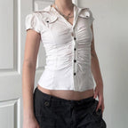 Damen figurbetontes Blusenshirt mit eleganten Rüschendetails und Knopfverschluss R&B