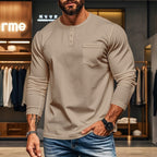 Herren nan figurbetontes Henley-Langarmshirt mit Brusttasche und feinem Stretchjersey R&B