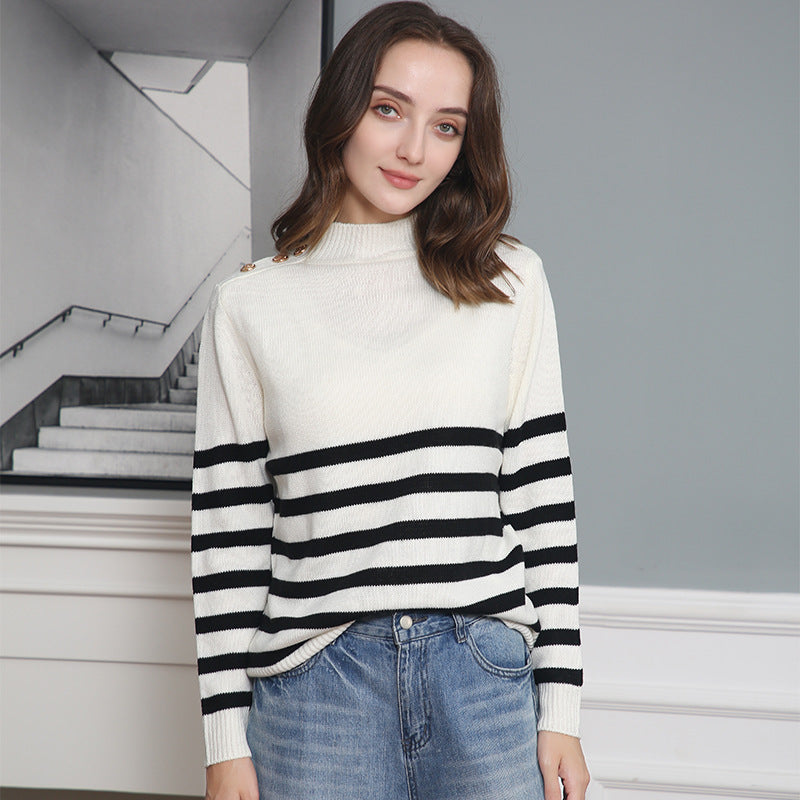Damen modischer Strickpullover mit Streifenmuster und Knopfdetails R&B