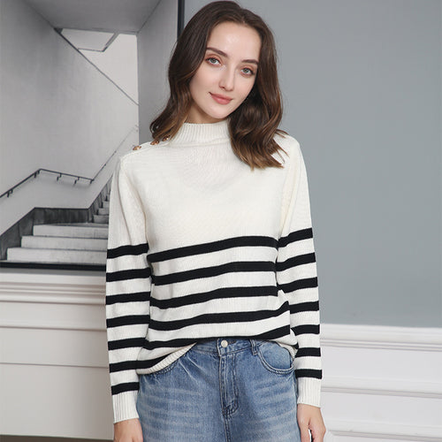 Damen modischer Strickpullover mit Streifenmuster und Knopfdetails R&B