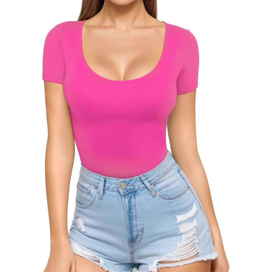 Damen figurbetontes Kurzarm-Body mit rundem Ausschnitt und nahtlosem Design R&B