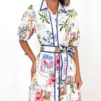Damen Maxikleid mit buntem floralem Druck und einem eleganten Gürtel R&B