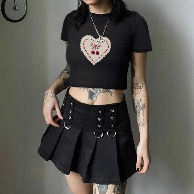 Damen Crop-T-Shirt mit verspieltem Kirschmotiv und elegantem Schleifenprint R&B
