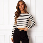 Damen Cropped Langarmshirt mit gestreiftem Muster und weichem Rippdesign R&B