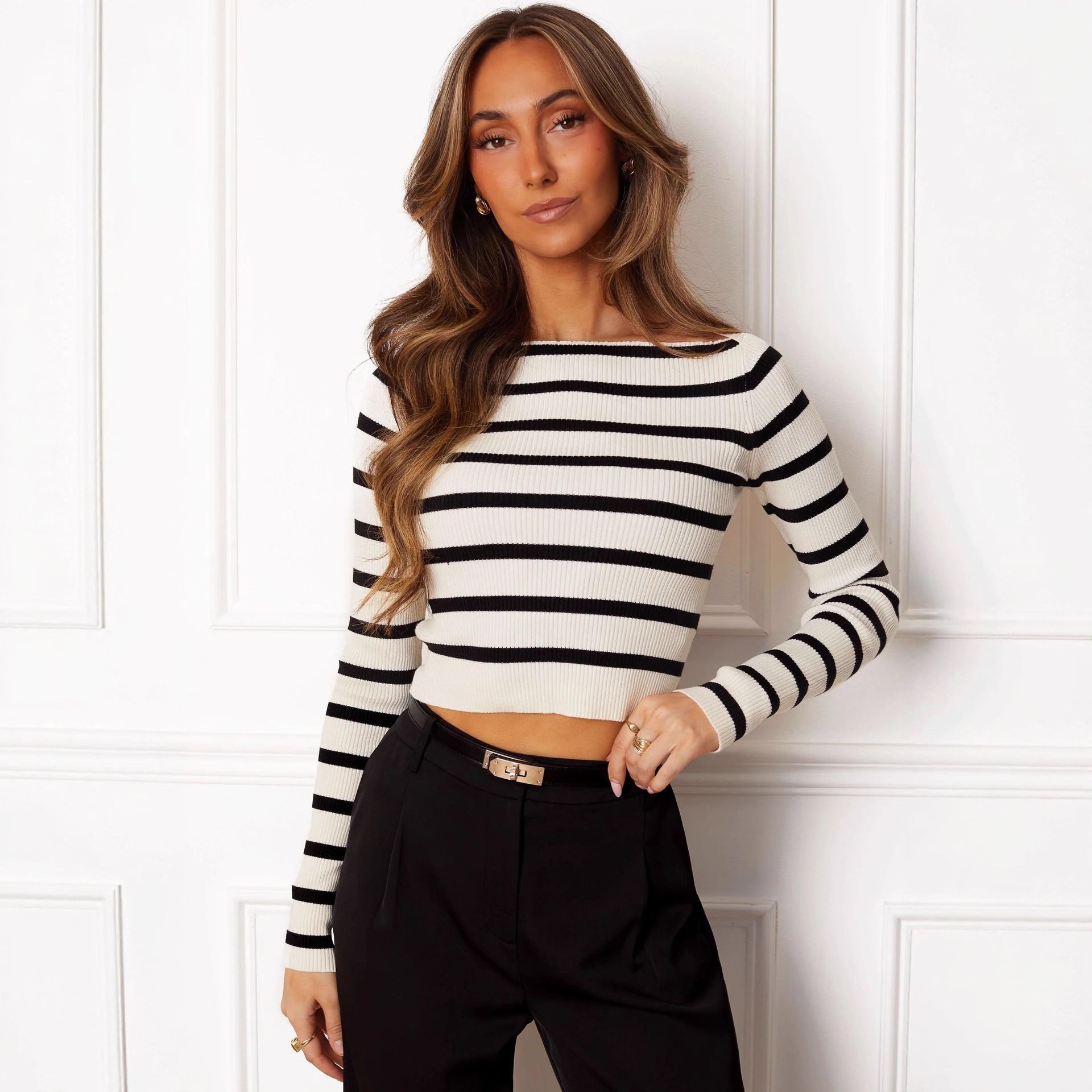 Damen Cropped Langarmshirt mit gestreiftem Muster und weichem Rippdesign R&B