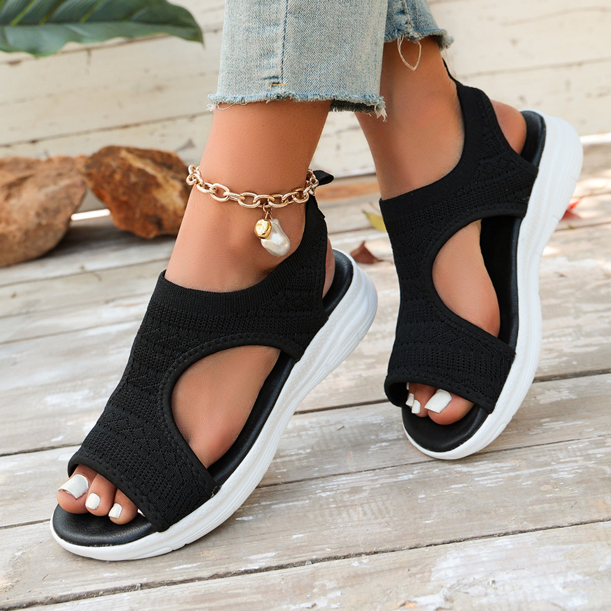Damen sportliche Zehentrenner-Sandalen mit atmungsaktivem Strickdesign und elastischen Riemen R&B