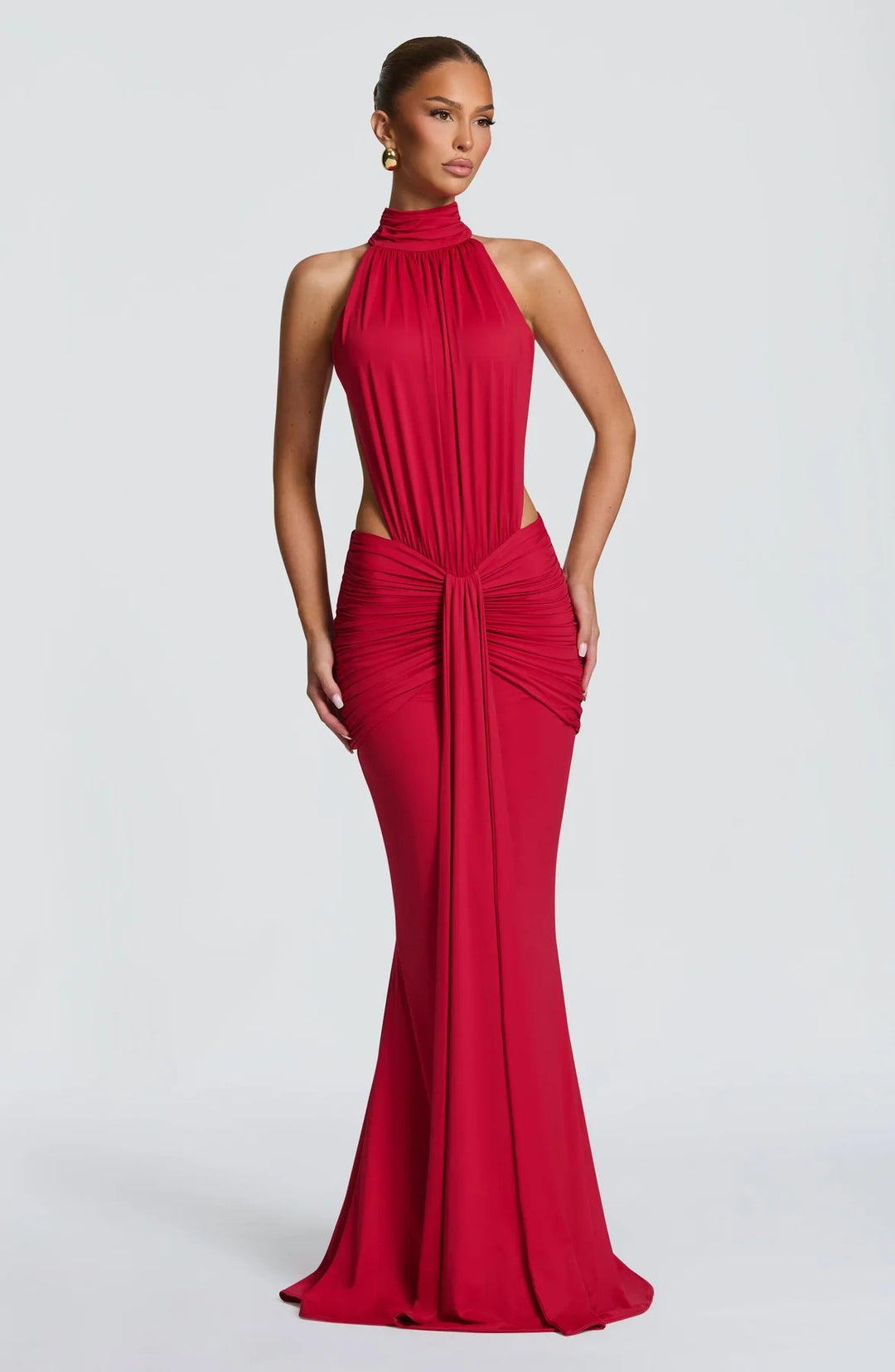 Damen Figurbetontes Abendkleid mit Raffungen und hochgeschlossenem Kragen R&B