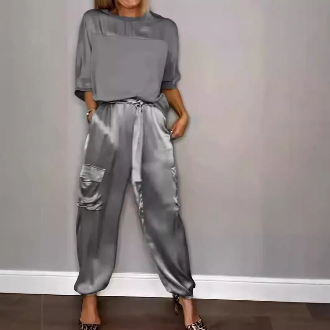 R&B | Solide Farbe glatt Satin Top zweiteilige Set für Frauen