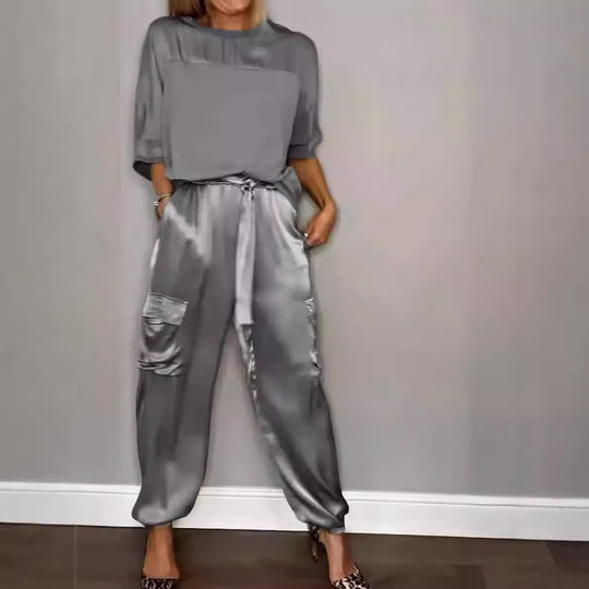 R&B | Solide Farbe glatt Satin Top zweiteilige Set für Frauen