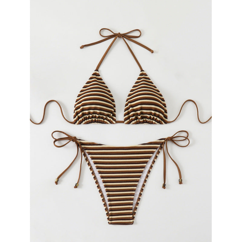 Damen Triangel-Bikini mit verstellbaren Bindebändern und verspieltem Streifenmuster R&B