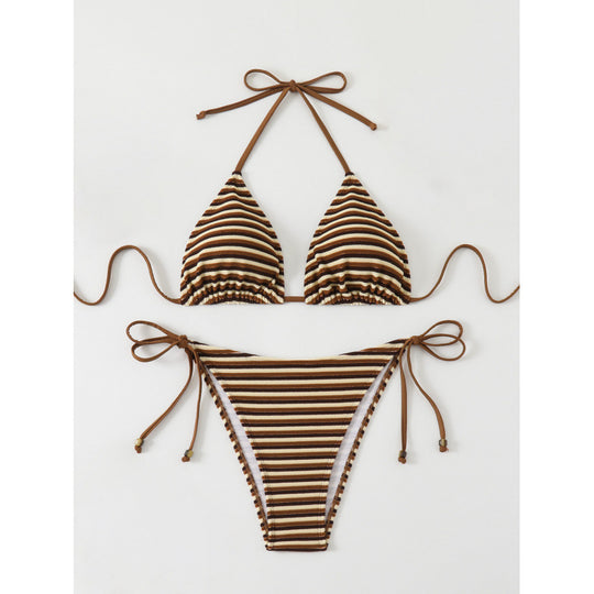 Damen Triangel-Bikini mit verstellbaren Bindebändern und verspieltem Streifenmuster R&B
