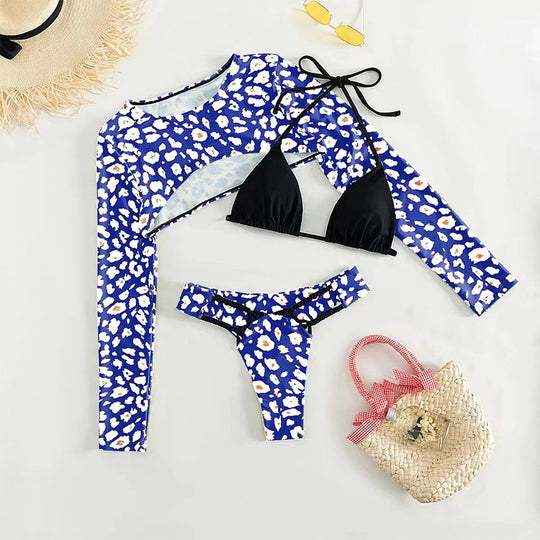 Damen Bikini-Set mit langärmligem Oberteil und modernem Animal-Print R&B