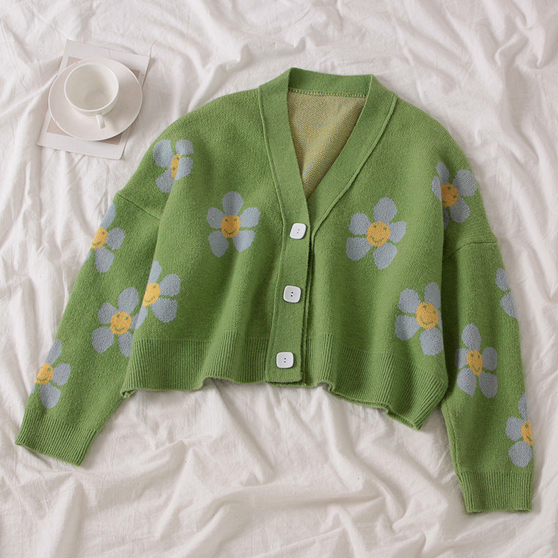 Damen Kurzstrickjacke mit floralem Design und großen Knöpfen R&B