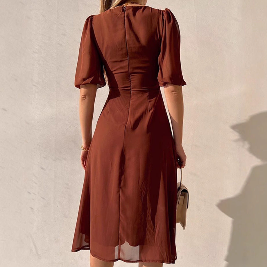 Damen Elegantes Maxikleid mit Puffärmeln und tiefem Schlitz R&B