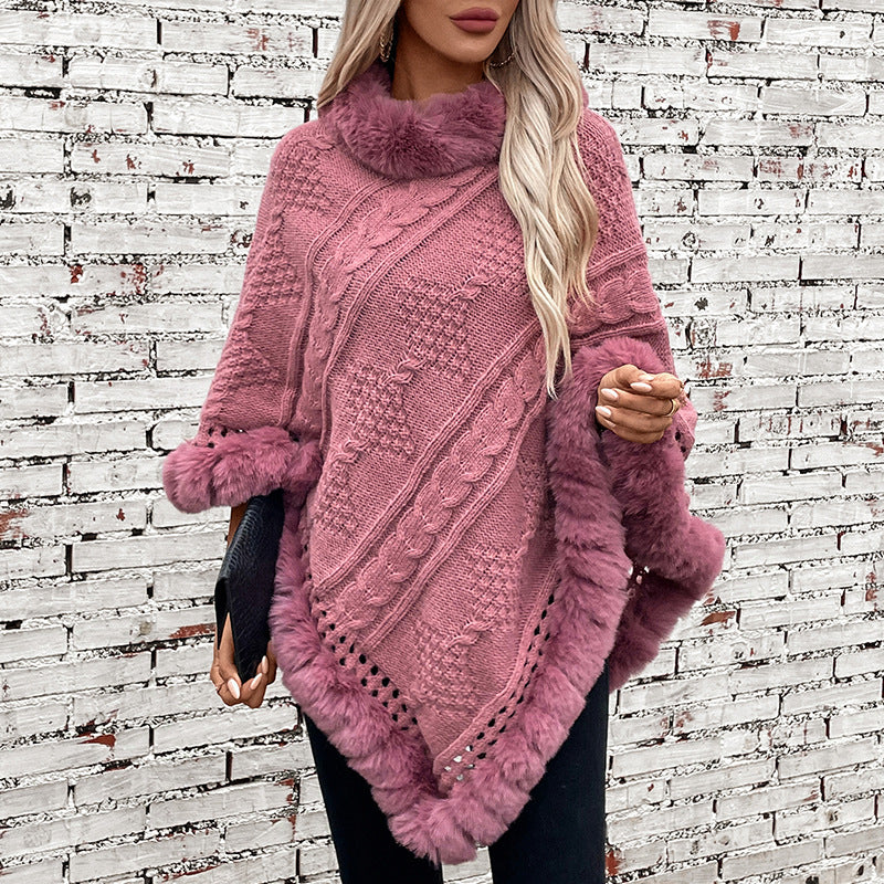 Damen kuscheliger Strickponcho mit samtigem Fellbesatz R&B