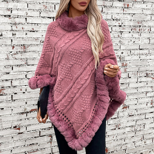 Damen kuscheliger Strickponcho mit samtigem Fellbesatz R&B