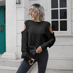 Damen Cropped Pullover mit offener Schulter und Rippstrickmuster R&B