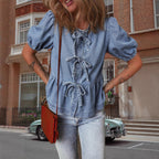 Damen Modische Jeansbluse mit dekorativen Schleifendetails und voluminösen Ärmeln R&B
