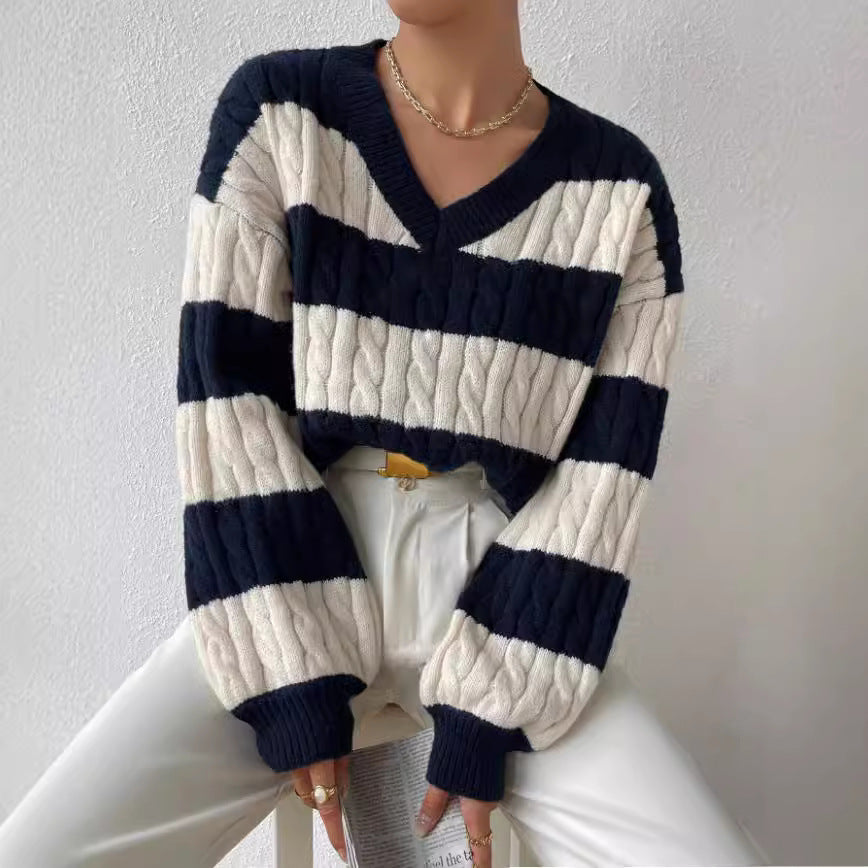 Damen V-Ausschnitt Strickpullover mit Rippstruktur und langen Ärmeln R&B