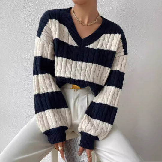 Damen V-Ausschnitt Strickpullover mit Rippstruktur und langen Ärmeln R&B