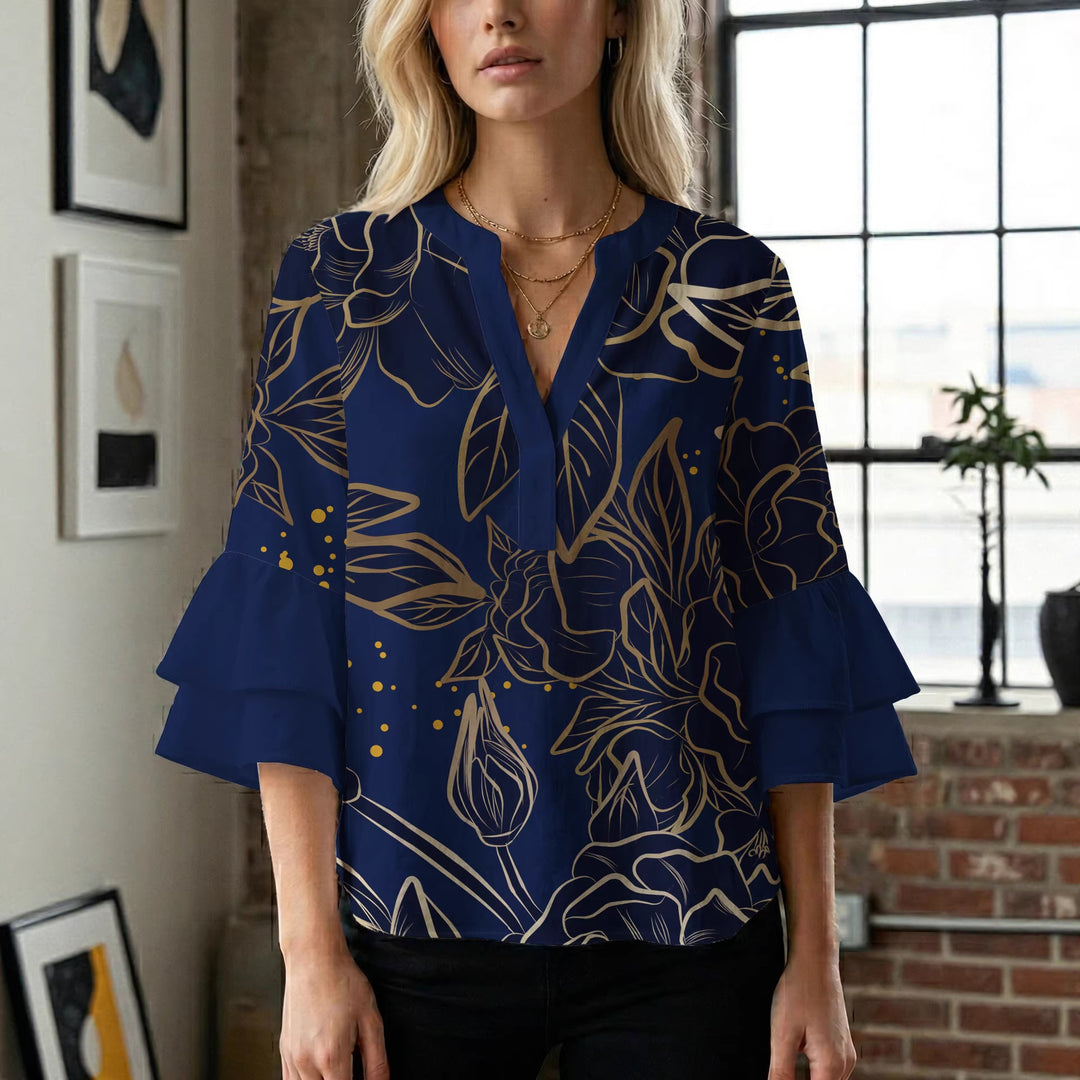 Damen Bluse mit voluminösen Rüschenärmeln und floralem Druck R&B