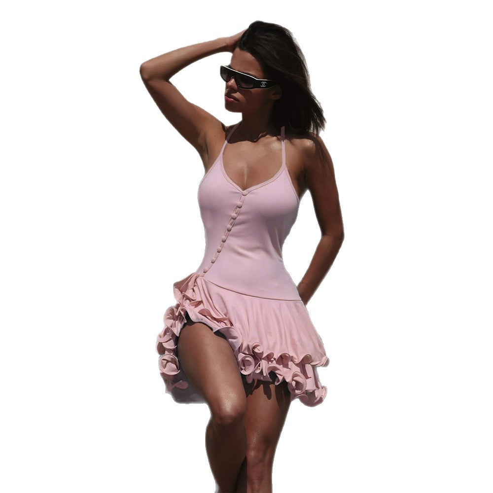 Damen Minikleid mit gerafftem Saum und eleganten Knopfdetails R&B