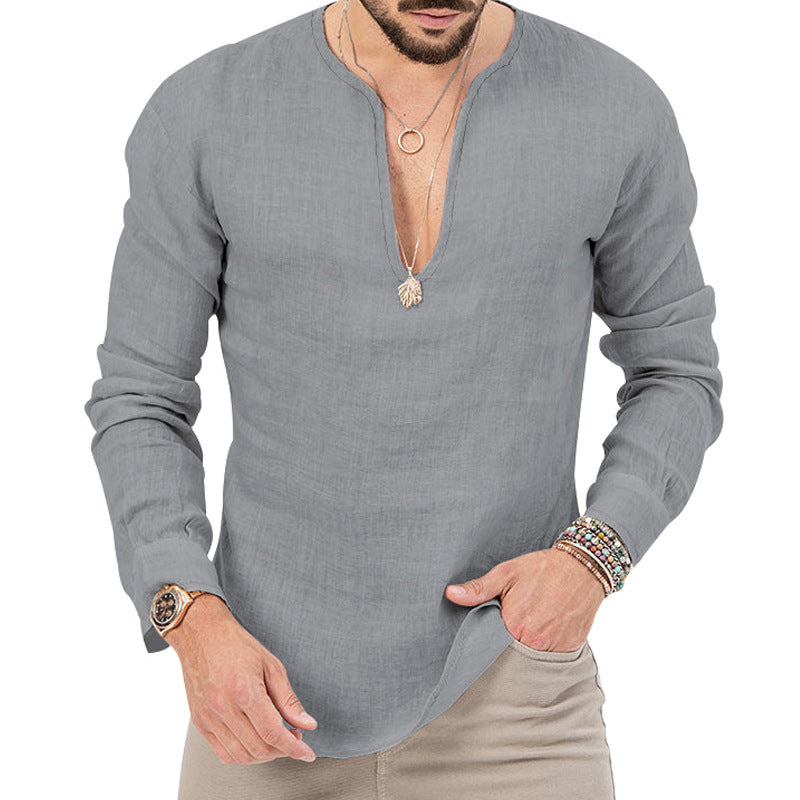 Herren legeres Langarmhemd mit modischem V-Ausschnitt R&B