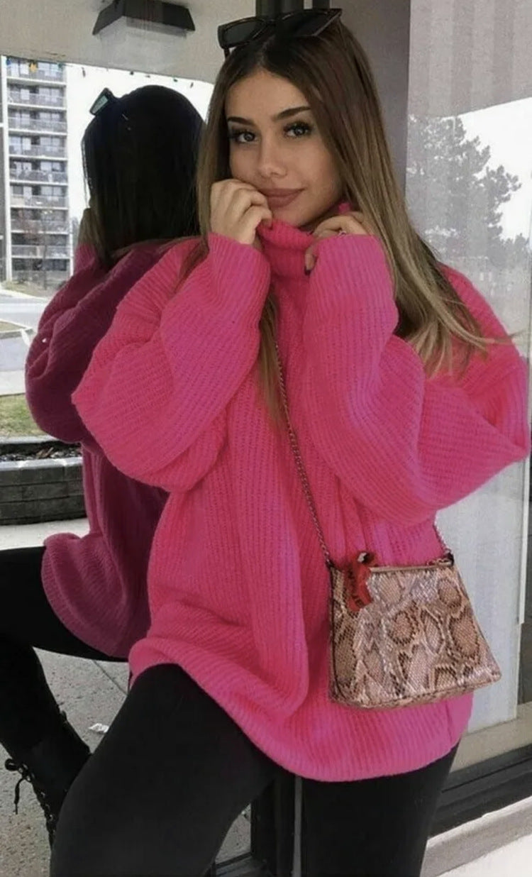 Damen Oversized-Strickpullover mit hohem Kragen und lässigem Schnitt R&B