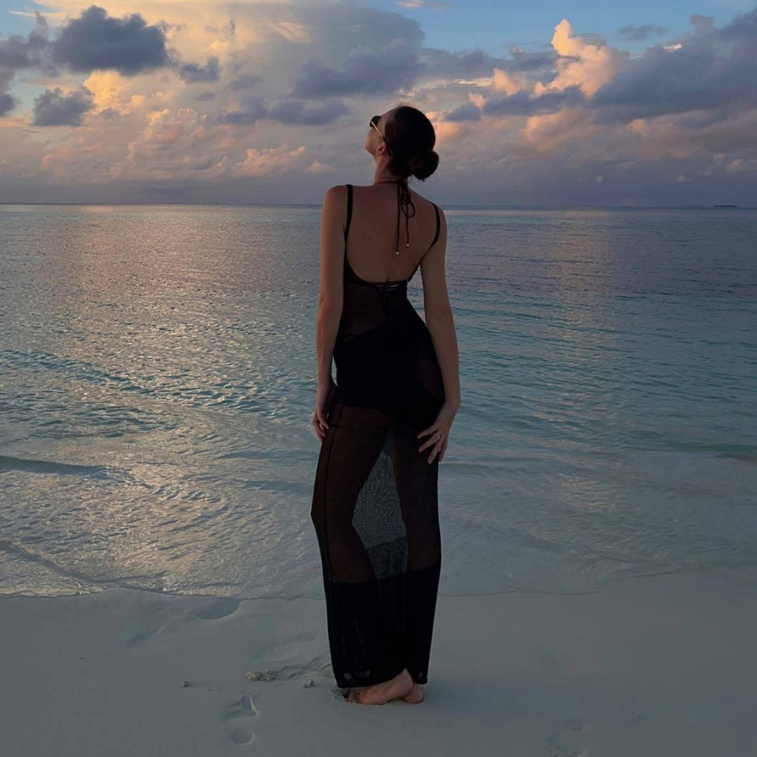 Damen Maxikleid aus transparentem Strickmaterial mit feinster Rippstruktur R&B