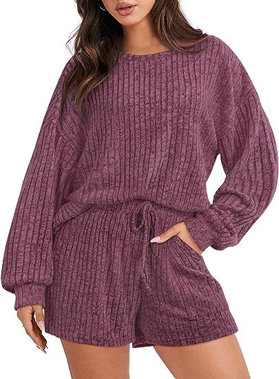 Damen gemütlicher Fleece Lounge-Anzug mit weiten Ärmeln und elastischem Bund R&B