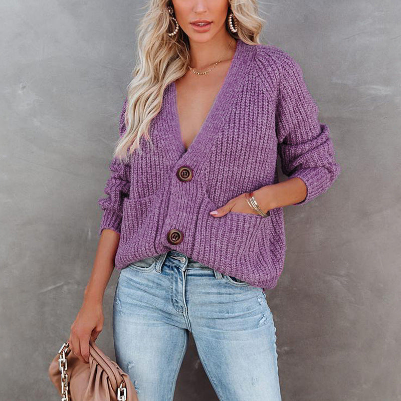 Damen Strickjacke mit tiefem V-Ausschnitt und praktischen Taschen R&B