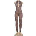 Damen Figurbetonter Jumpsuit mit tiefem Ausschnitt und Leopardenmuster R&B