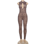 Damen Figurbetonter Jumpsuit mit tiefem Ausschnitt und Leopardenmuster R&B