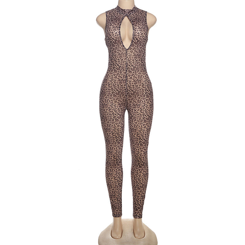 Damen Figurbetonter Jumpsuit mit tiefem Ausschnitt und Leopardenmuster R&B
