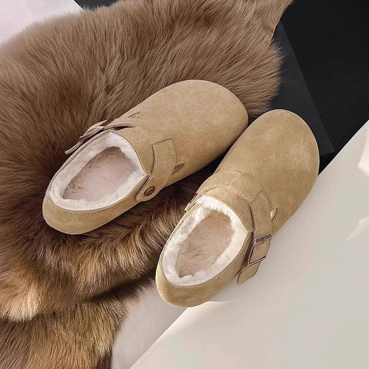 Damen bequeme Filzclogs mit weichem Kunstfellfutter und modischem Schnallenverschluss R&B