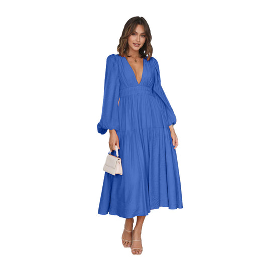 Damen Langarm Maxikleid mit tiefem V-Ausschnitt und weitem Rock R&B