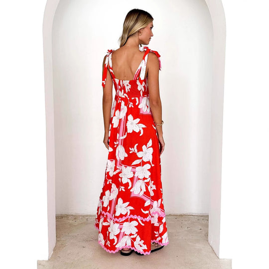 Damen Maxikleid mit verspielten Rüschendetails und zartem Blumenmuster R&B