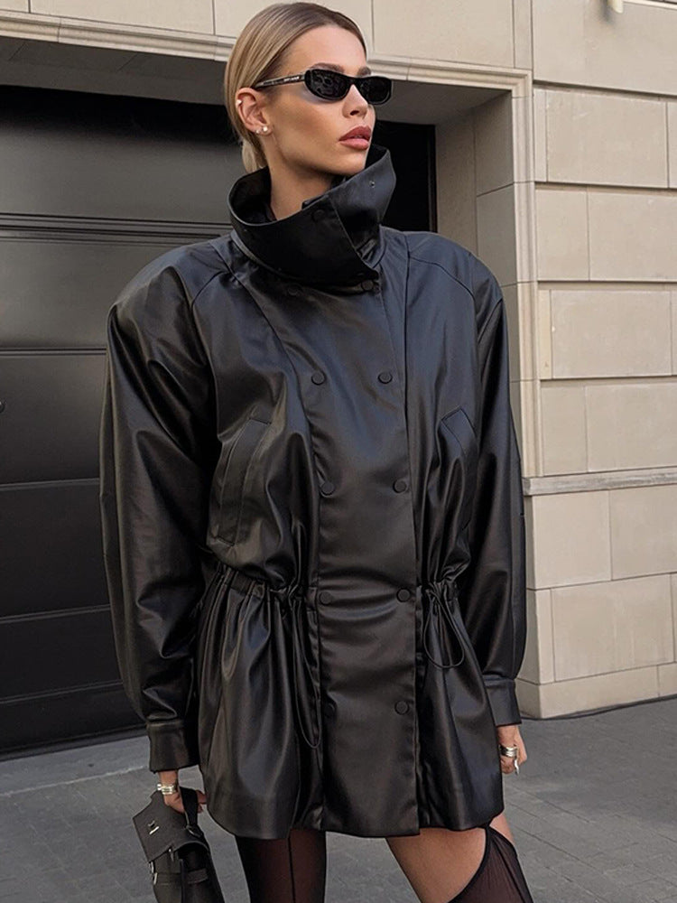 Damen Kunstlederjacke mit modischem Oversized-Schnitt und taillierbarem Gürtel R&B