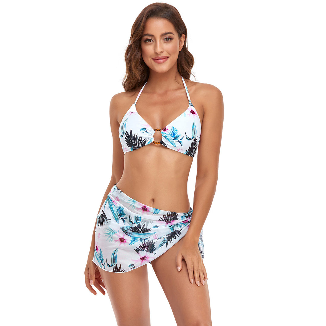 Damen Triangel-Bikini-Set mit modischem Wickelrock und floralem Design R&B
